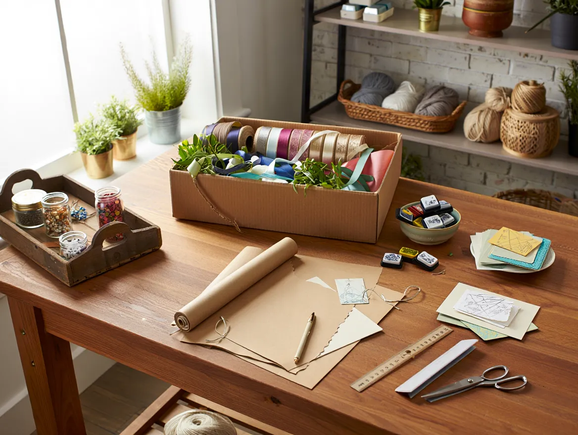 Craft workspace with handmade gift materials